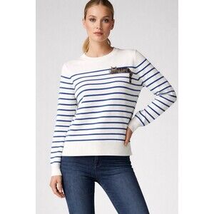 Anthro Calligraphie Womens Large Cat Sweater Novelty Striped Knit White Blue NEW